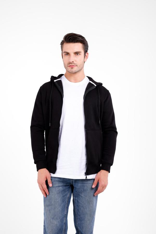 NİX 3 İplik Şardonlu Fermuarlı Kapüşonlu Sweat - Siyah - Image 1