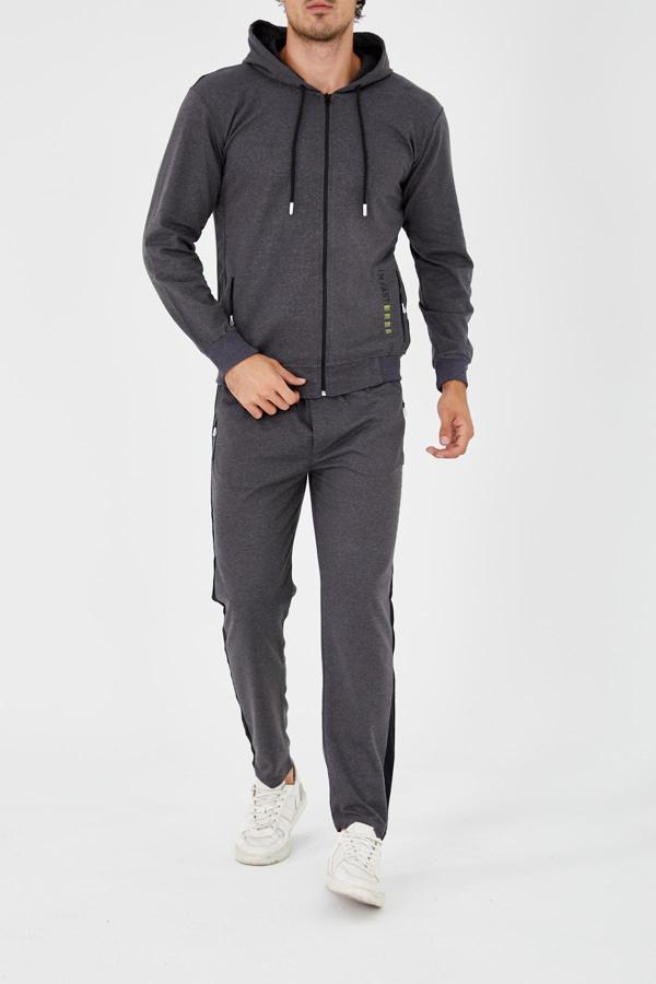 PANTS Düz Paça Fermuarlı Kapşonlu Eşofman Takım - Füme - Image 1
