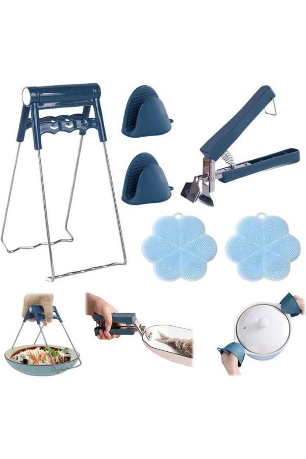 6 lı Mutfak Maşa Seti Yanma Önleyici Çelik Sıcak Tencere Tabak Tutucu Silikon Fırın Eldiveni Süngeri - Image 1