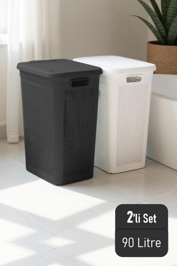 İronika Slim İki Bölmeli Kapaklı Dekoratif Kirli Çamaşır Sepeti 90 Litre Siyah - Beyaz - Image 1