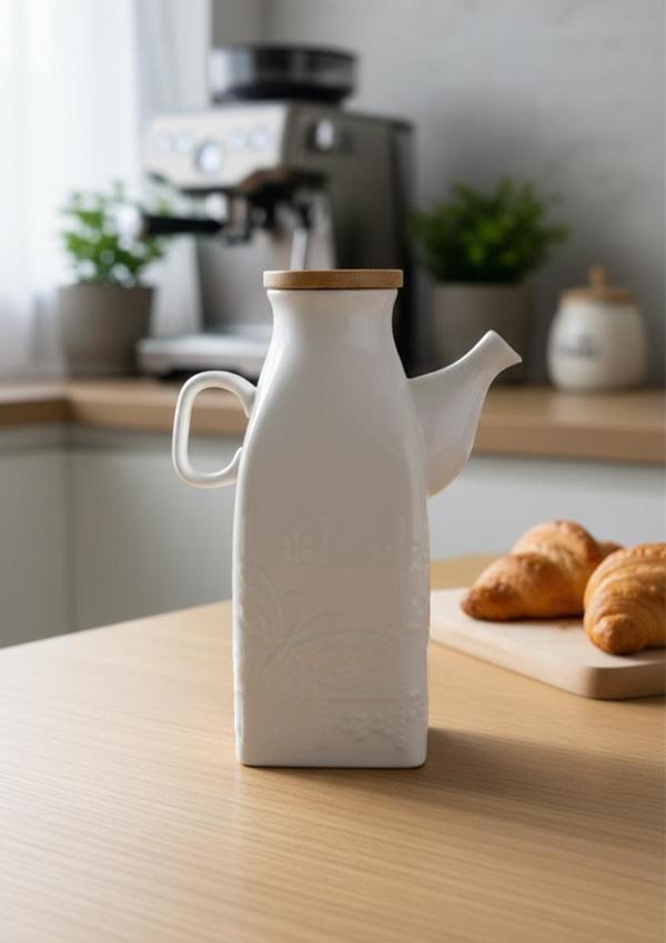 Porselen Süt Şişesi - Bambu Kapaklı Yağdanlık 650 ML - Image 1