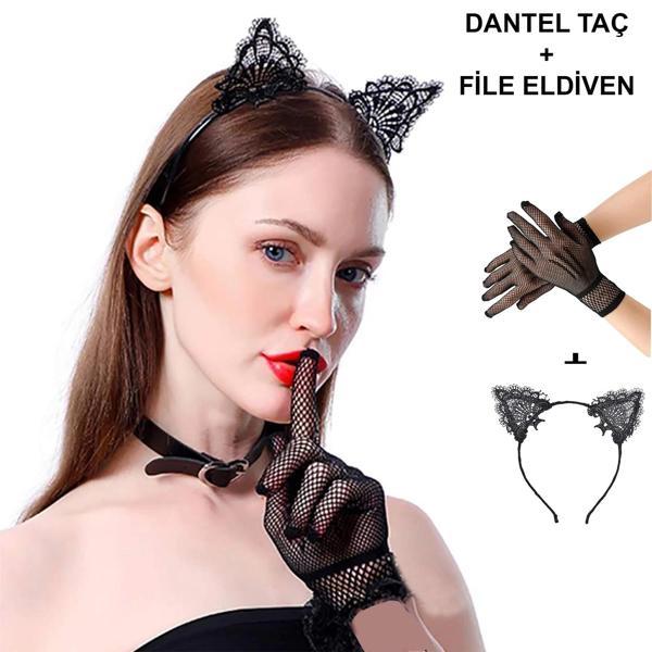 MDB Siyah Kedi Dantel Taç + Eldiven Seti – Parti, Dans ve Kostüm Kombini - Image 1