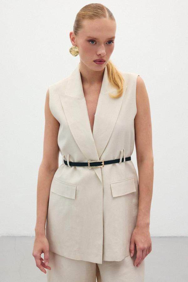 Kemerli Keten Yelek - Taş - Image 1