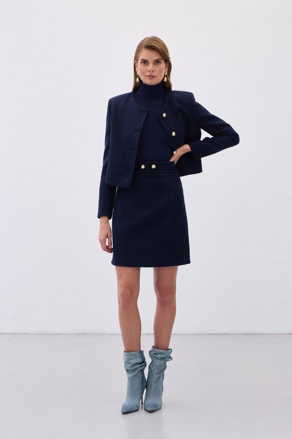 Düğme Detaylı Mini Tüvit Etek - Lacivert - Image 1