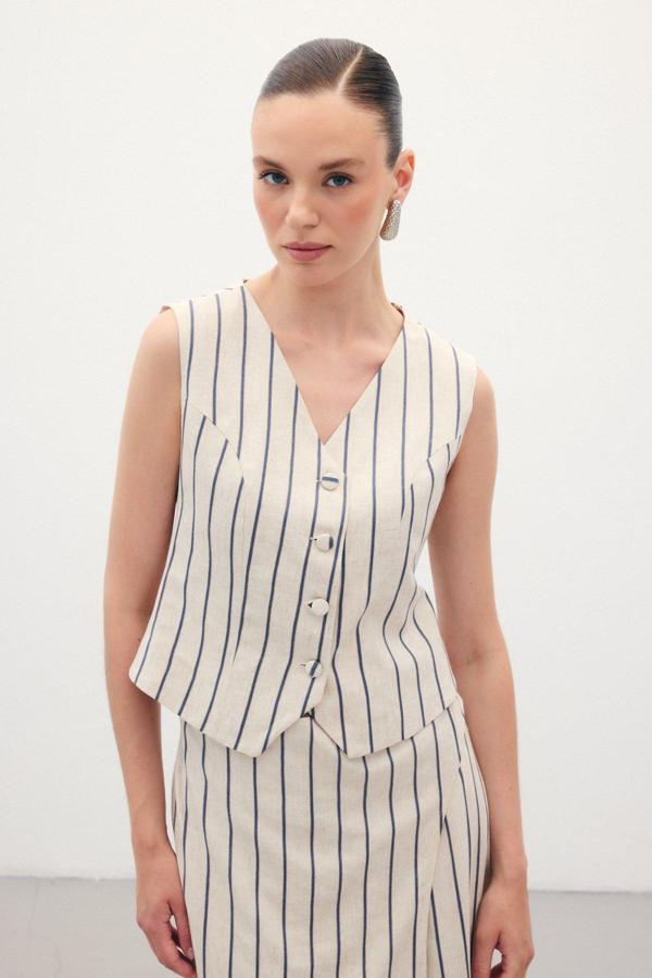 Çizgili Keten Karışımlı Yelek - Lacivert - Image 1