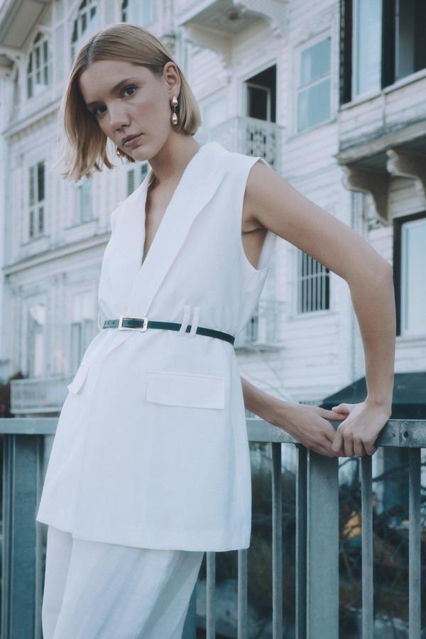 Kemerli Keten Yelek - Ekru - Image 1