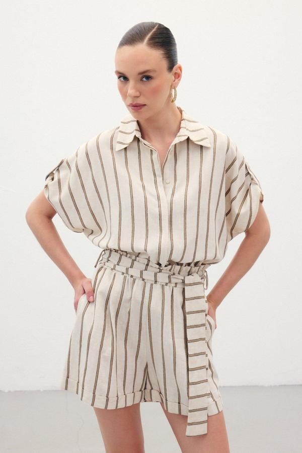 Kısa Kollu Keten Karışımlı Gömlek - Camel - Image 1