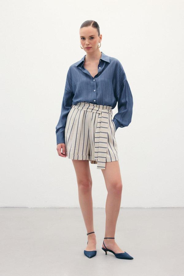 Çizgili Keten Şort - Lacivert - Image 1