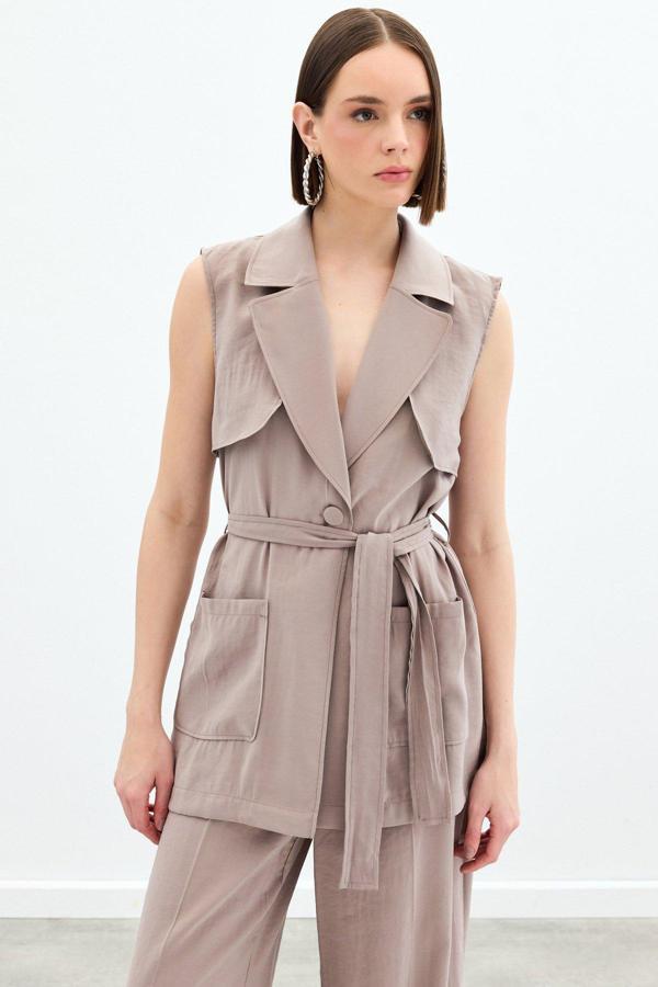 Kuşaklı Uzun Yelek - Vizon - Image 1