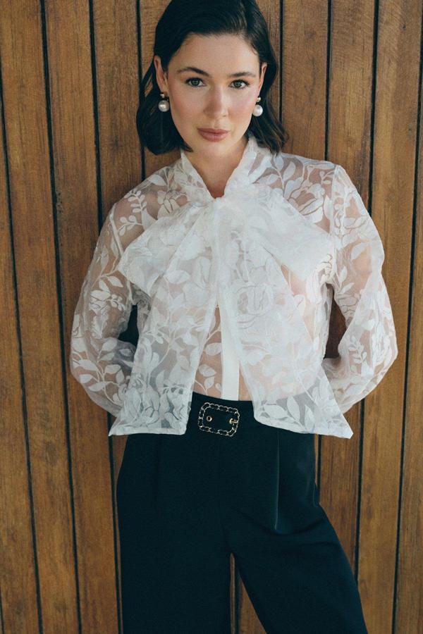 Fularlı Çiçek Desenli Gömlek - Ekru - Image 1