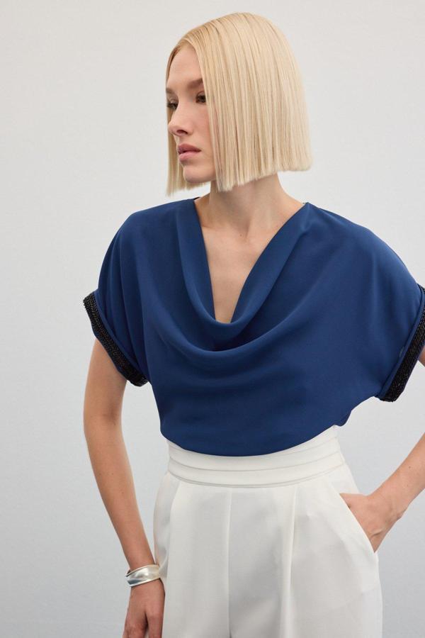 Kollar Taş Detaylı Salaş Bluz - İndigo - Image 1