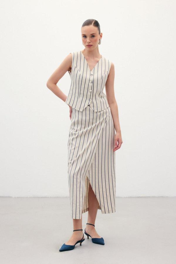 Çizgili Keten Etek - Lacivert - Image 1