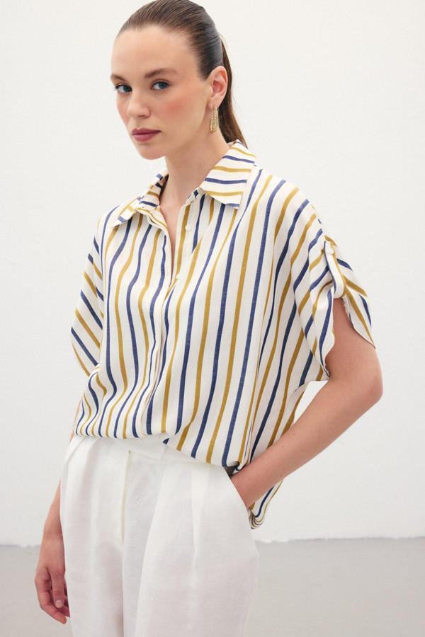 Keten Karışımlı Çizgili Gömlek - Lacivert - Image 1