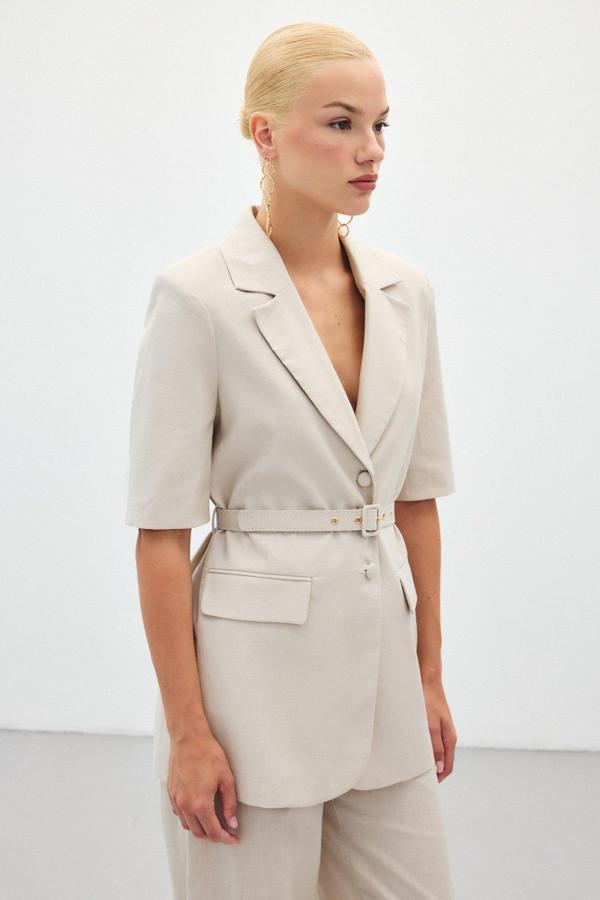 Kısa Kollu Kemerli Ceket - Taş - Image 1