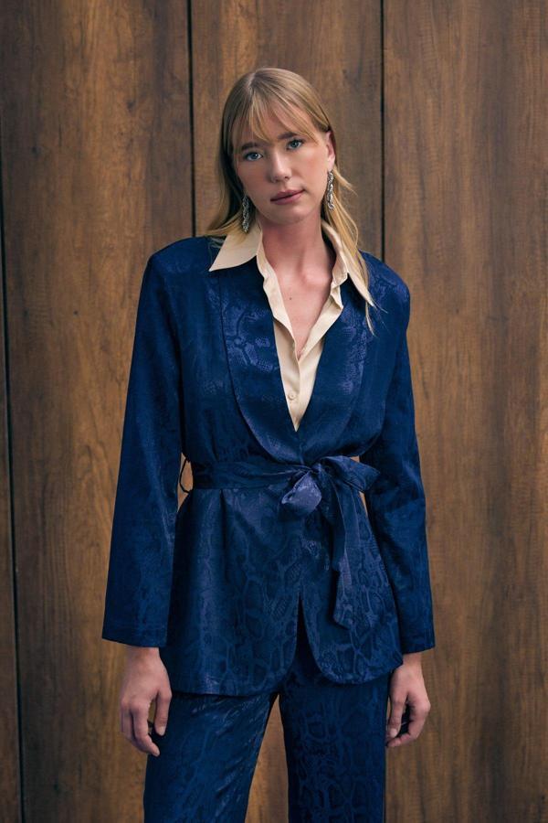 Yılan Desenli Uzun Ceket - Lacivert - Image 1