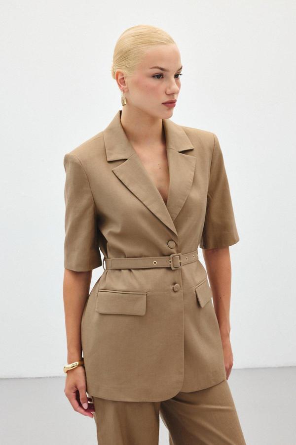 Kısa Kollu Kemerli Ceket - Camel - Image 1