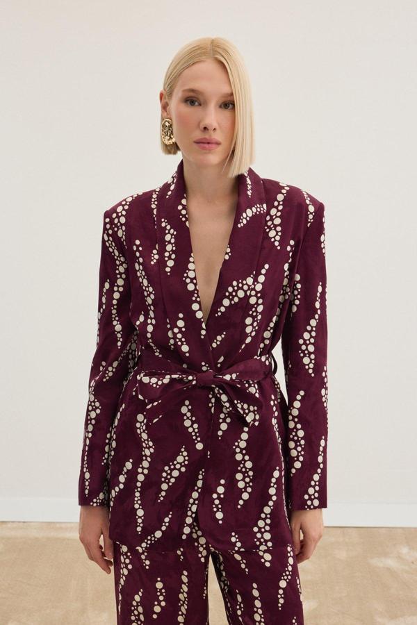 Desenli Uzun Ceket - Bordo - Image 1