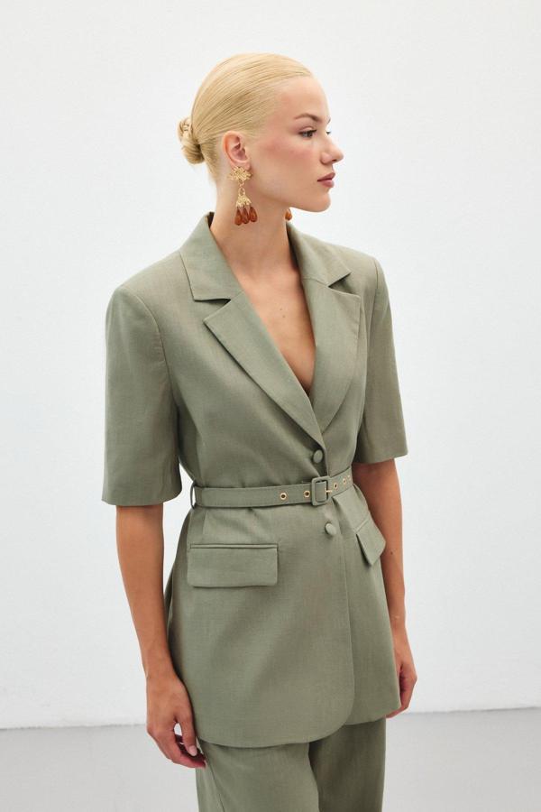 Kısa Kollu Kemerli Ceket - Haki - Image 1