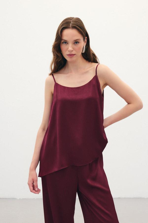 Askılı Saten Bluz - Bordo - Image 1