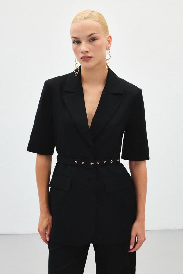 Kısa Kollu Kemerli Ceket - Siyah - Image 1