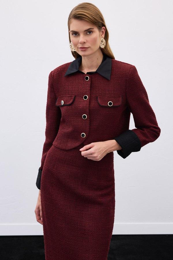Kontrast Kısa Tüvit Ceket - Bordo - Image 1