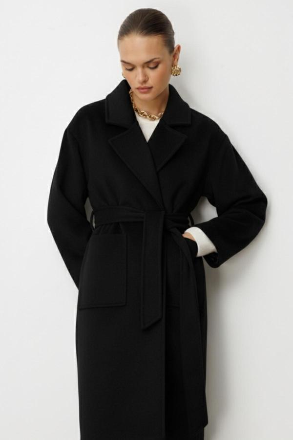 Mizalle Yünlü Kaşe Doku Torba Cepli Basic Siyah Kaban - Image 1