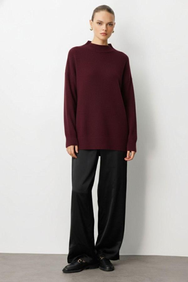 Mizalle Basic Yarım Balıkçı Mürdüm Triko Kazak - Image 1