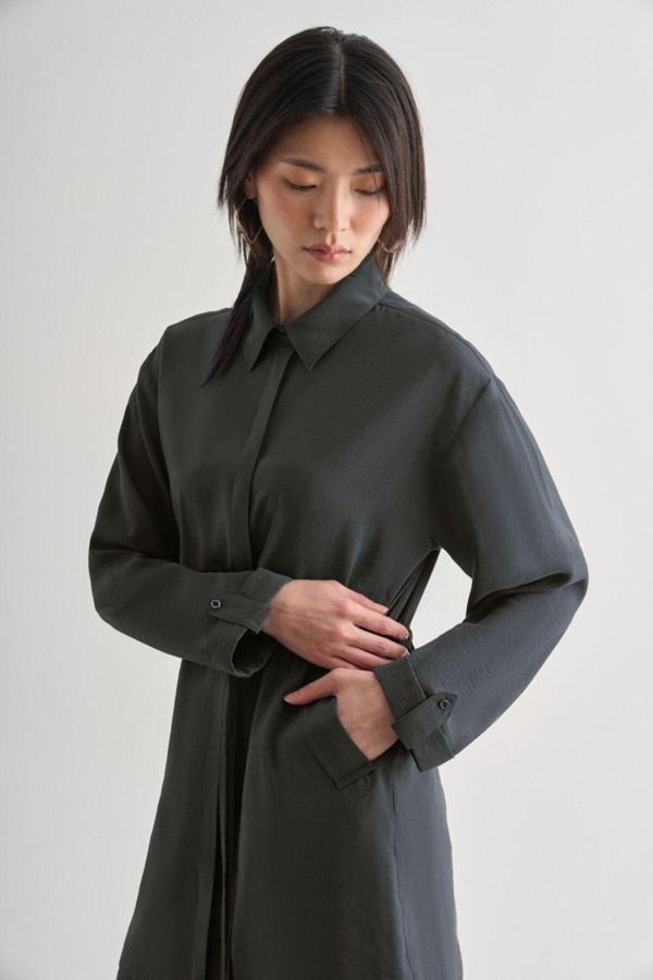 Mizalle Beli Ip Büzgülü Modal Gri Tunik - Image 1