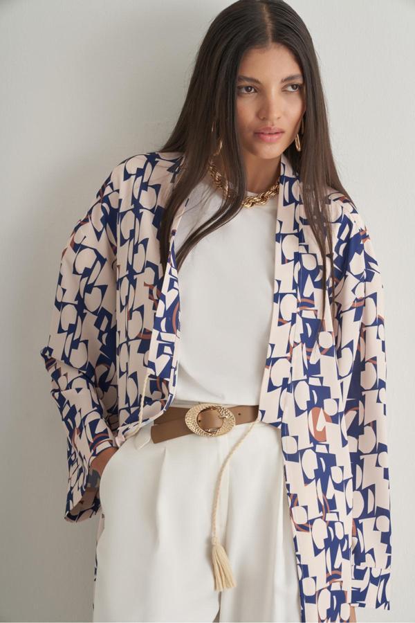 Mizalle Keten Dokulu Naturel Desenli Uzun Kimono Üst - Image 1