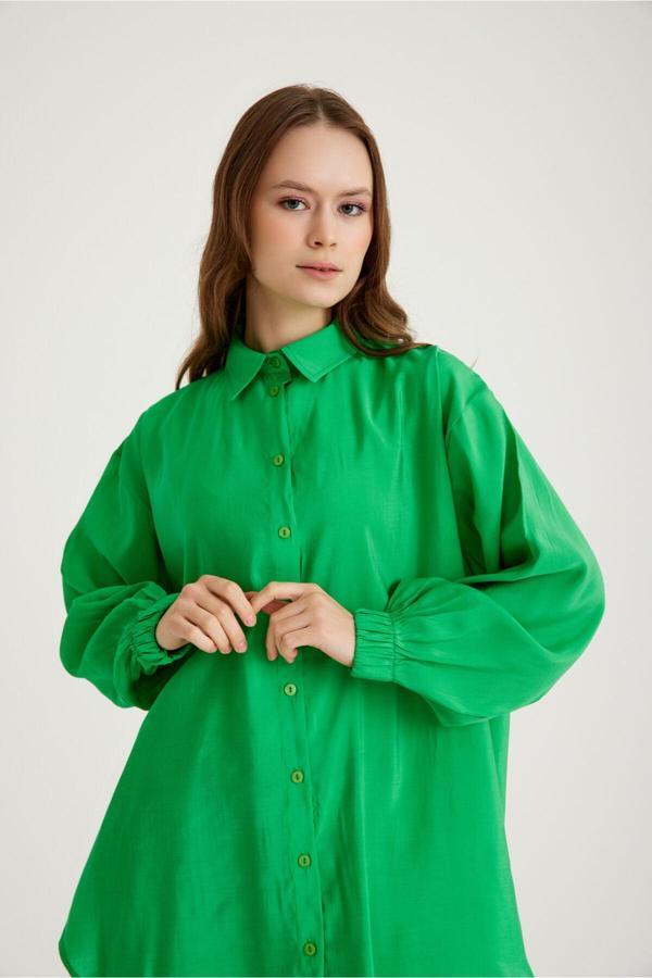Mizalle Kolu Lastikli Tunik Yeşil Gömlek - Image 1