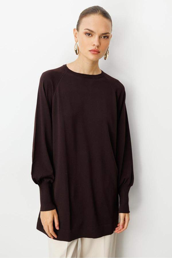 Mizalle Premium Rayon Balon Kol Kahverengi Triko Kazak - Image 1