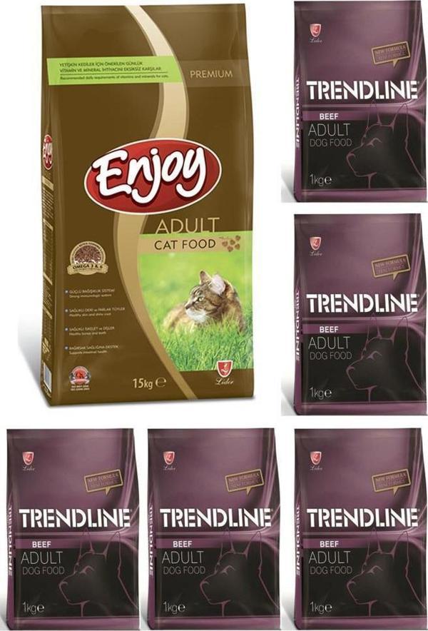 Enjoy Tavuklu Yetişkin Kedi Maması 15 Kg & Trendline Biftekli Yetişkin Köpek Maması 1 Kg x 5 adet - Image 1