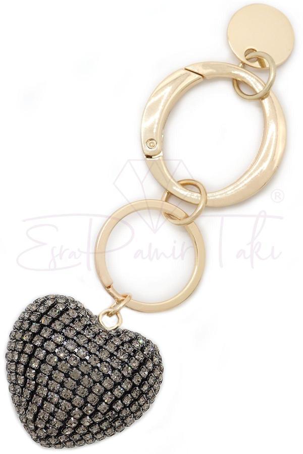 Siyah Renk Taşlı Kalp Anahtarlık ve Çanta Süsü - Image 1