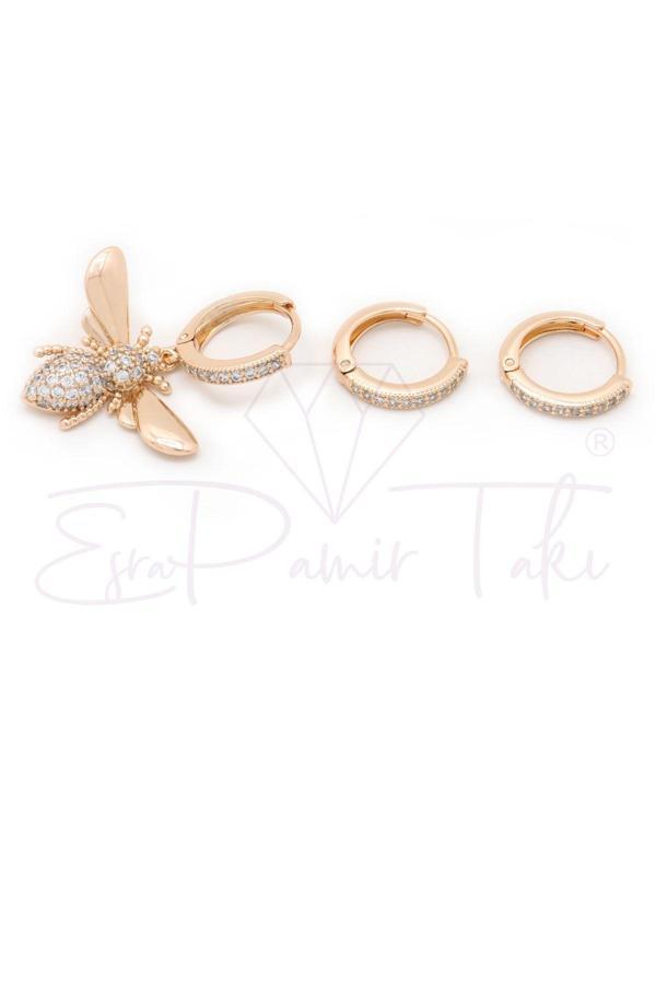 Zirkon Taşlı Rose Gold Renk Arı Küpe Seti - Image 1