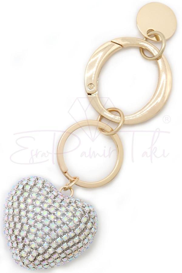 Gümüş Renk Taşlı Kalp Anahtarlık ve Çanta Süsü - Image 1