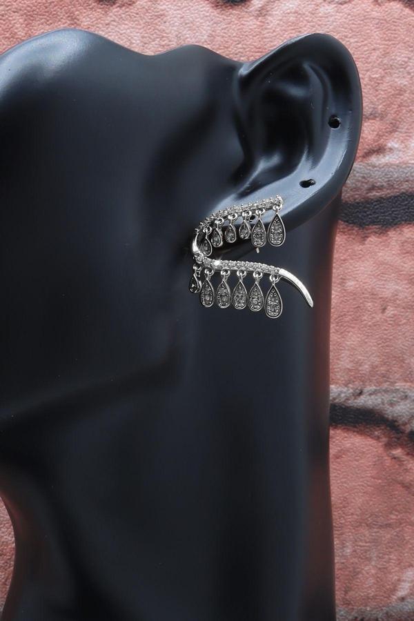 Gümüş Renk Zirkon Taşlı Sallantılı Küpe - Image 1