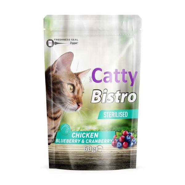 Catty Bistro Kısırlaştırılmış Tavuk & Yaban Mersini & Kızılcıklı Kedi Ödül Maması (Sterilised) 60 Gr - Image 1
