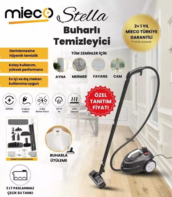 Stella 5 Bar/ 2000W / Çok Fonksiyonlu Buharlı Temizleyici + Ütü Başlığı ve Eldiven Hediyeli  - Siyah - Image 1
