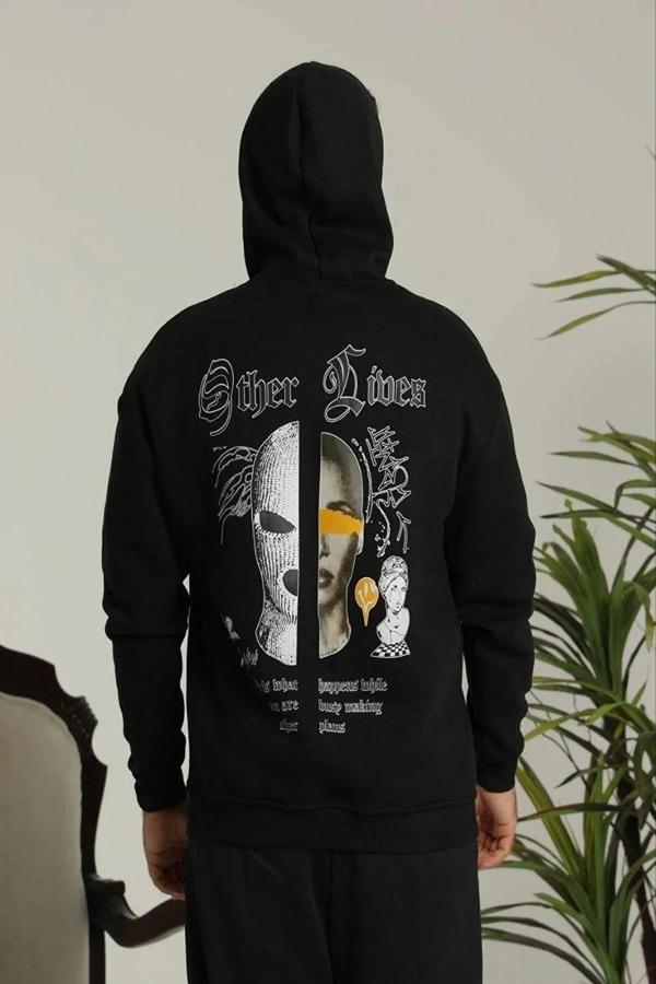Erkek Kapşonlu Sweatshirt – Oversize Üç İplik Şardonlu Hoodie, “Other Lives” Ön & Arka Baskılı, Kang - Image 1