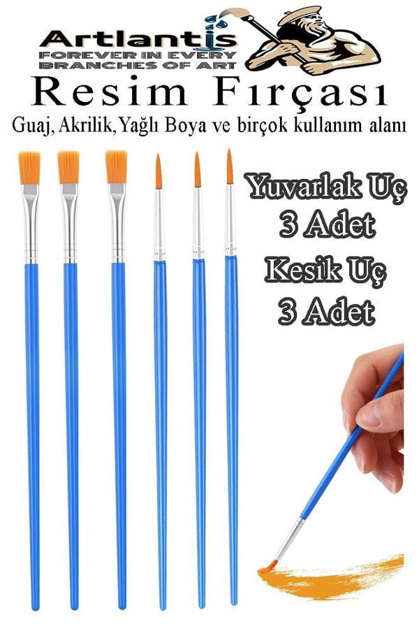 Resim Fırçası Kesik ve Yuvarlak Uçlu 6 Adet Sentetik Fırça Ekonomik Suluboya Akrilik Boya Guaj Boya Yağlı Boya Resim - Image 1