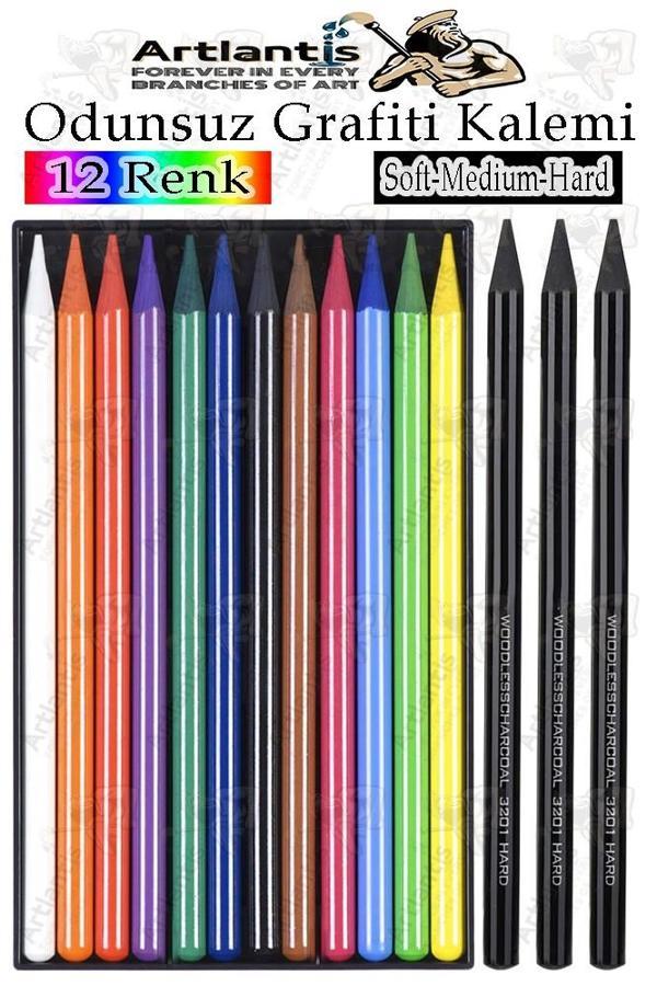 Odunsuz Grafiti Kalemi 12 Renk ve 3 Siyah 1 Paket Odunsuz Kömür Kalemi Füzen Çizim Eskiz Kalemi Karakalem Kalemi - Image 1