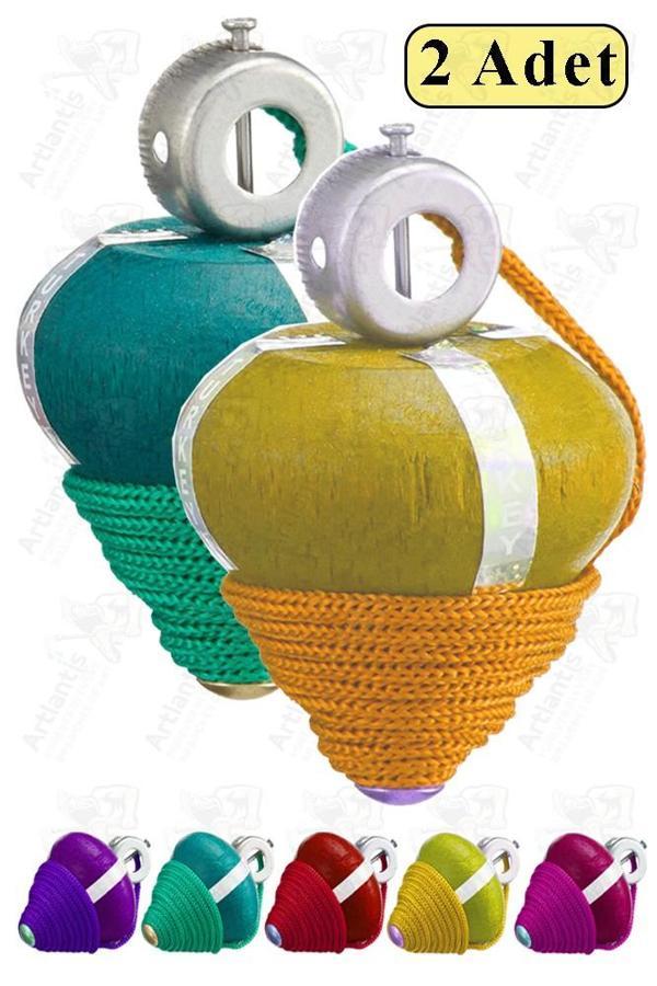Ahşap Topaç 2 Adet Renkli Kaliteli Ahşap Topaç İpli Dönene Zilli Ağaç Topaç Nostaljik Oyuncak Geleneksel Okul Öncesi - Image 1
