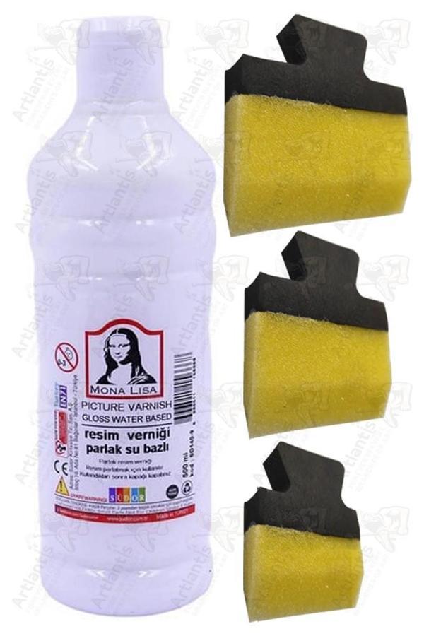 Resim Verniği 500 ml Su Bazlı 1 Adet ve Yassı Patpat Sünger Fırça Seti 3 lü 1 Paket Resim Parlatıcı Vernik Hobi Sanat - Image 1