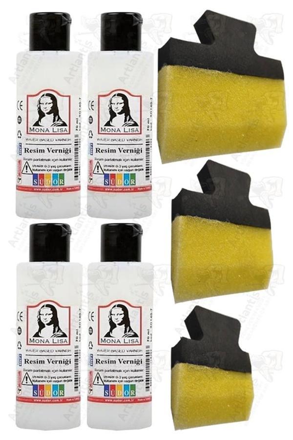 Resim Verniği 70 ml Su Bazlı 4 Adet ve Yassı Patpat Sünger Fırça Seti 3 lü 1 Paket Resim Parlatıcı Vernik Hobi Sanat - Image 1