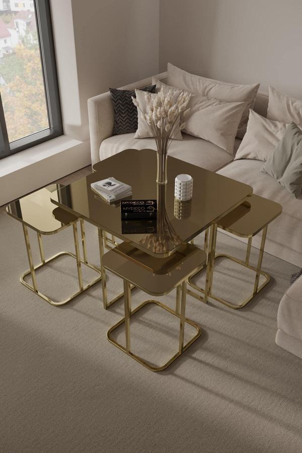 Home Plus Mobilya 5'Li Radüslü Gold Kaplama Bronz Aynalı Orta Sehpa & Zigon Sehpa & Yan Sehpa & Bohem Sehpa Takımı - Image 1
