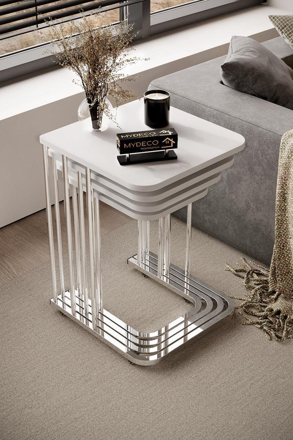 Home Plus Mobilya 4'Lü Tekerlekli Zigon Sehpa Gümüş Ayak Beyaz 18 Mm Mdf - Image 1