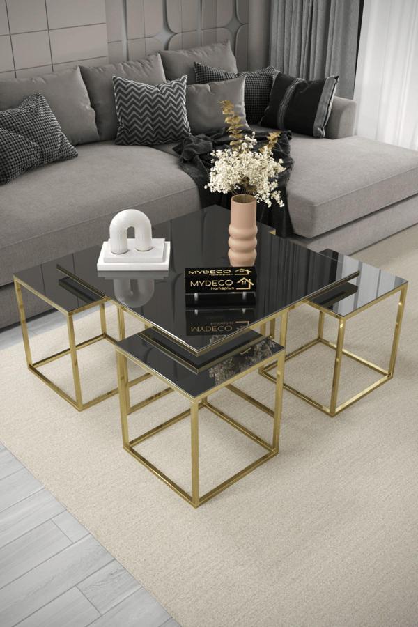 Home Plus Mobilya Alpine 5'Li Gold Kaplama Füme Aynalı Orta Sehpa & Zigon Sehpa & Yan Sehpa & Bohem Sehpa Takımı - Image 1