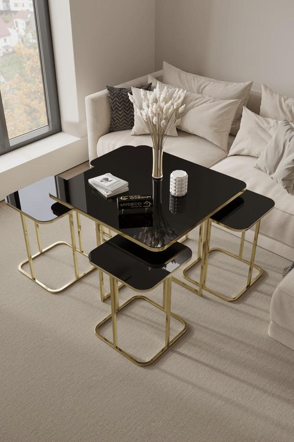 Home Plus Mobilya 5'Li Radüslü Gold Kaplama Siyah Aynalı Orta Sehpa & Zigon Sehpa & Yan Sehpa & Bohem Sehpa Takımı - Image 1