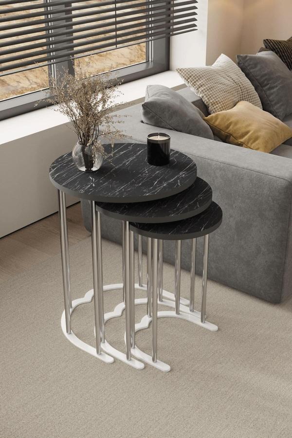 Home Plus Mobilya 3' Lü Zigon Sehpa Gümüş Ayak Siyah Mermer 18 Mm Mdf - Image 1