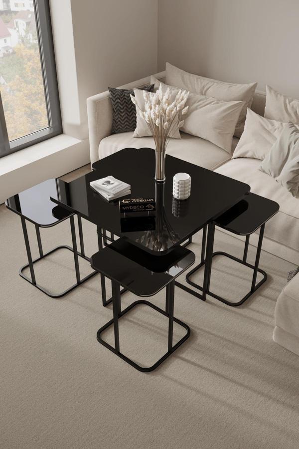 Home Plus Mobilya 5'Li Siyah Ayak Siyah Ayna Radüslü Orta Sehpa & Bohem Sehpa - Image 1